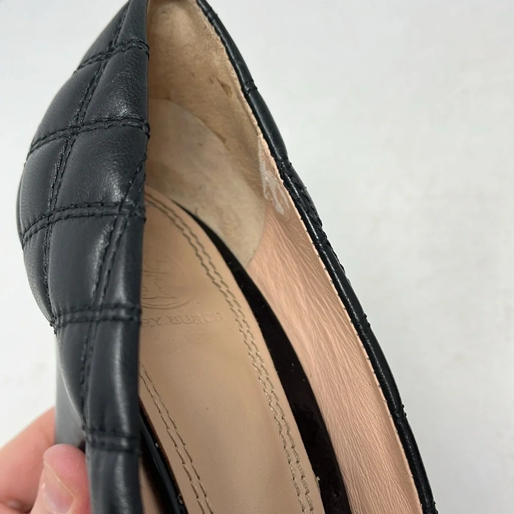 Tory Burch Black Quilted Leather Wedge Pumps